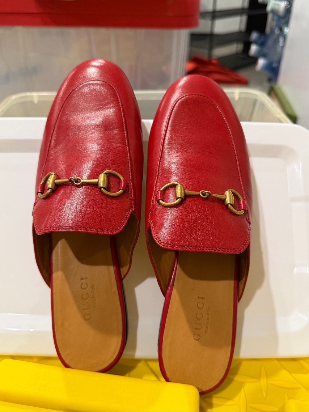 Gucci Red Leather Horsebit Slip-On Loafers